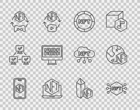 Set line Mobile with art store app, NFT Digital crypto, Laptop, Binary code, and Illustrazione stock