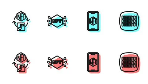 Set line Mobile with art store app, NFT Digital crypto,  and Binary code ic.. Stock Illustration