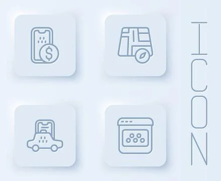 Set line Mobile banking, Location taxi car, Taxi mobile app and . White square Stock Illustration
