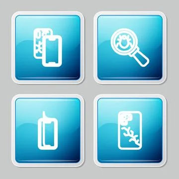 Set line Mobile with broken screen, System bug, Glass protector and icon. Vector Stockillustratie