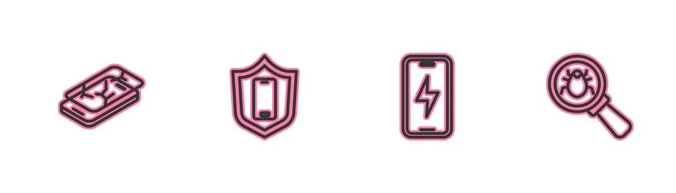Set line Mobile with broken screen, charging battery, shield and System bug icon イラスト素材