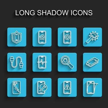 Set line Mobile with broken screen, service, shield, exclamation mark, Glass Stock-Illustration