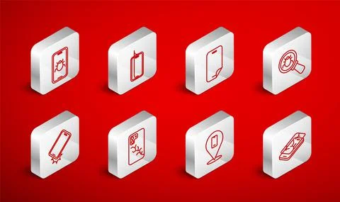 Set line Mobile with broken screen, Glass protector, System bug, Phone repair Illustrazione stock