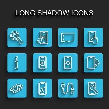 Set line Mobile with broken screen, System bug, USB cable cord, service 스톡 일러스트