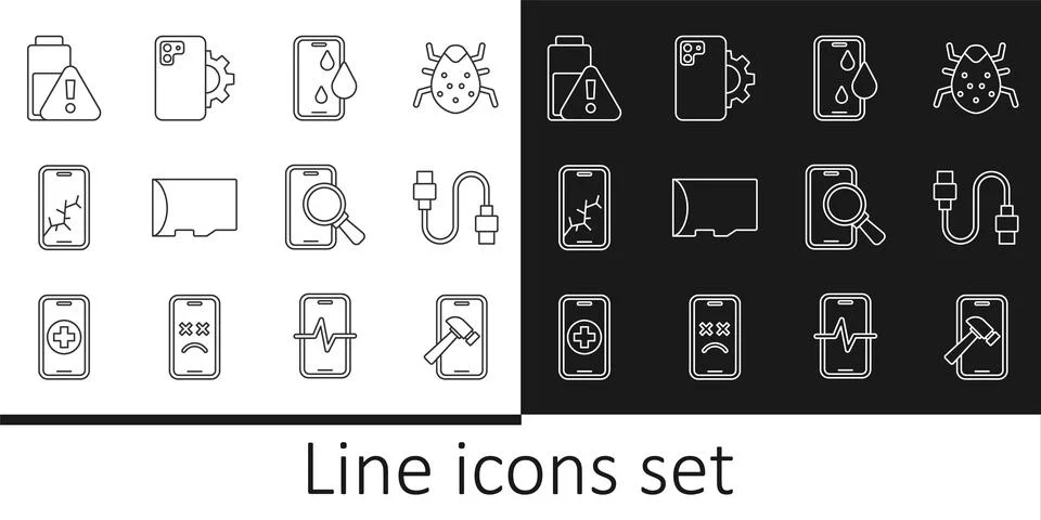 Set line Mobile with broken screen, USB cable cord, Waterproof phone, Micro SD Stock Illustration