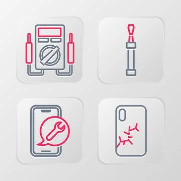 Set line Mobile with broken screen, service, Screwdriver and Multimeter icon Stock Illustration