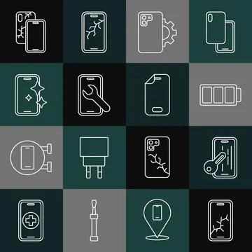 Set line Mobile with broken screen, Glass protector, Battery, Phone repair Illustrazione stock