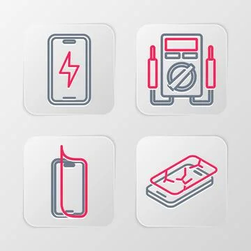 Set line Mobile with broken screen, Glass protector, Multimeter and charging Stock Illustration