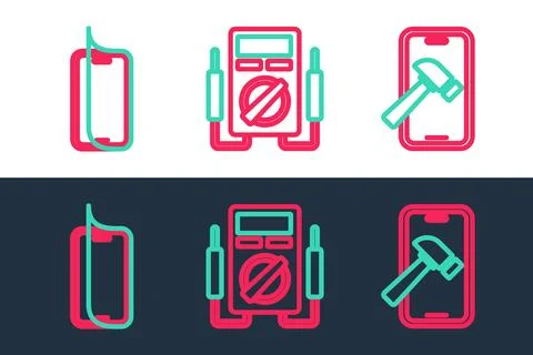 Set line Mobile with broken screen, Glass protector and Multimeter icon. Vect Illustrazione stock