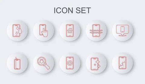 Set line Mobile with broken screen, Glass protector, smart home, Waterproof.. Stock Illustration