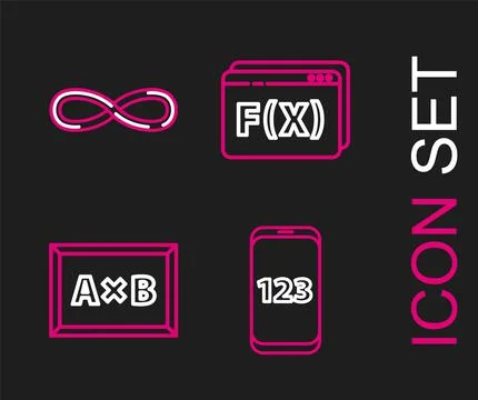 Set line Mobile calculator interface, Chalkboard, Function mathematical symbo Stock Illustration