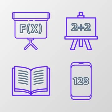 Set line Mobile calculator interface, Open book, Chalkboard and icon. Vector Illustrazione stock