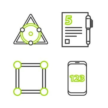 Set line Mobile calculator interface, Geometric figure Square, Test exam sheet Illustration