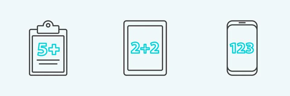 Set line Mobile calculator interface, Test exam sheet and Tablet with icon... Stock Illustration