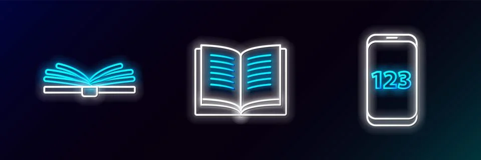 Set line Mobile calculator interface, Open book and icon. Glowing neon. Vecto Stock Illustration