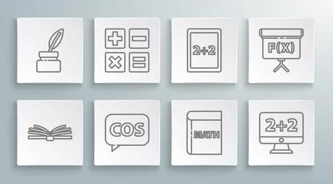 Set line Mobile calculator interface, Feather and inkwell, Tablet with, Tri.. Stock Illustration