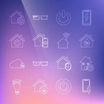 Set line Mobile charging battery, Smart home, House humidity, Power button Stock Illustration