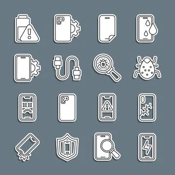 Set line Mobile charging battery, with broken screen, System bug, Glass Illustrazione stock