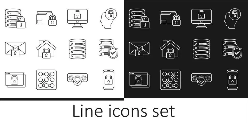 Set line Mobile with closed padlock, Server shield, Lock on computer monitor Stock Illustration