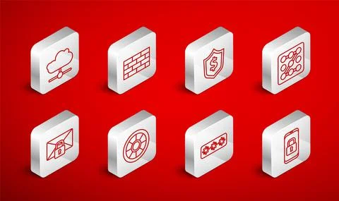 Set line Mobile with closed padlock, Firewall, security wall, Shield dollar Stock Illustration