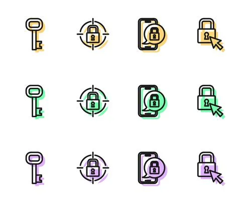Set line Mobile with closed padlock, Old key, Lock and icon. Vector Stock Illustration