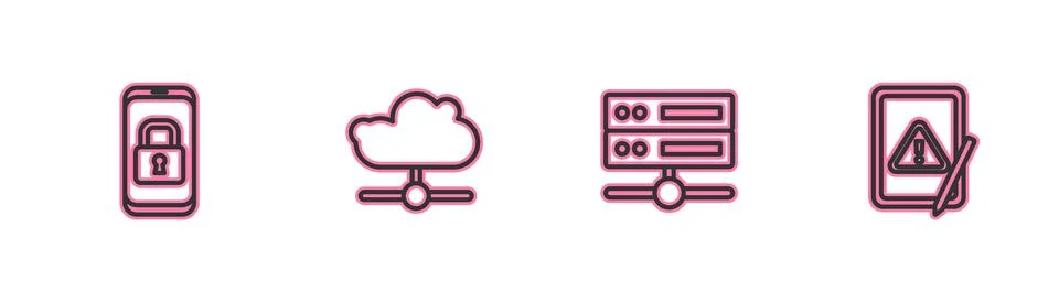 Set line Mobile with closed padlock, Server, Data, Web Hosting, Network cloud Stock Illustration