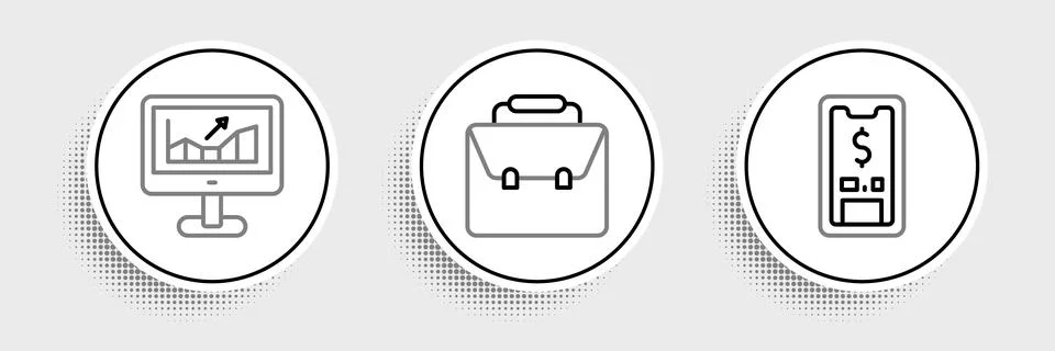 Set line Mobile with dollar, Computer growth graph and Briefcase icon. Vector Stock-Illustration