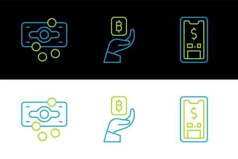 Set line Mobile with dollar, Stacks paper money cash and Hand holding Bitcoin Stock Illustration