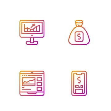 Set line Mobile with dollar, Trading courses, Computer growth graph and Money Illustrazione stock