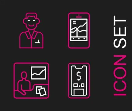 Set line Mobile with dollar, Trading courses, stock trading and Trader icon Stock Illustration