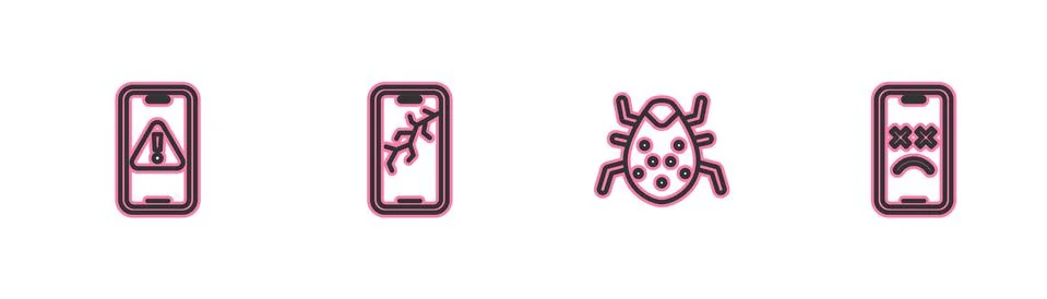 Set line Mobile with exclamation mark, System bug, broken screen and Dead mobile Illustrazione stock