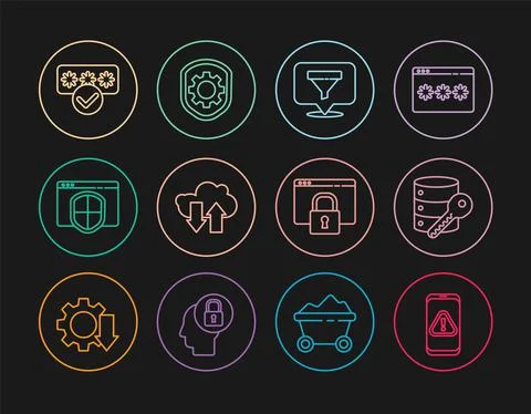 Set line Mobile with exclamation mark, Location sales funnel, Cloud download and Ilustración de archivo