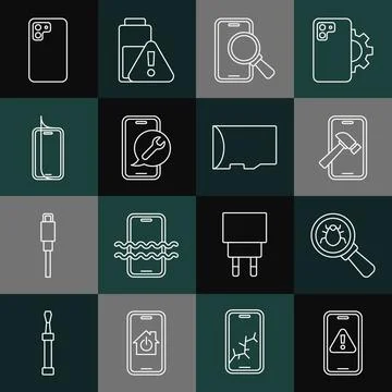 Set line Mobile with exclamation mark, System bug, broken screen, Phone repair Illustrazione stock