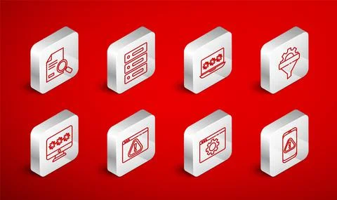 Set line Mobile with exclamation mark, Server, Data, Web Hosting, Laptop Stock Illustration