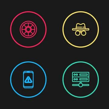 Set line Mobile with exclamation mark, Server, Data, Web Hosting, Incognito mode Stock Illustration