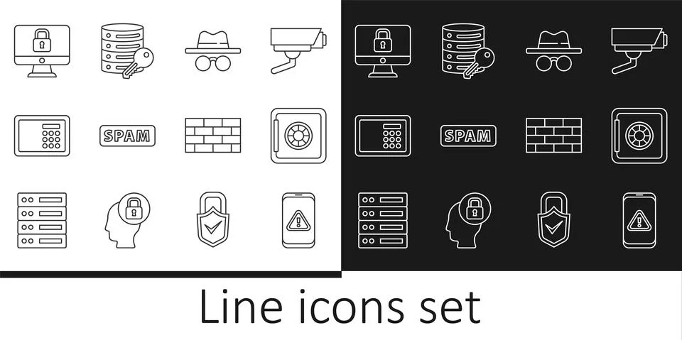 Set line Mobile with exclamation mark, Safe, Incognito mode, Spam, Lock computer 스톡 일러스트