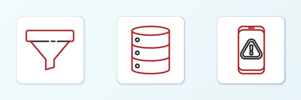 Set line Mobile with exclamation mark, Sales funnel and Server, Data, Web 스톡 일러스트