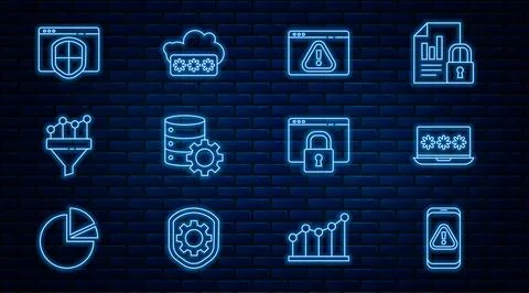 Set line Mobile with exclamation mark, Laptop password, Browser, Server and.. Ilustración de archivo