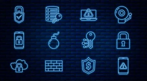 Set line Mobile with exclamation mark, Lock, Laptop, Bomb ready explode, cl.. Stock Illustration