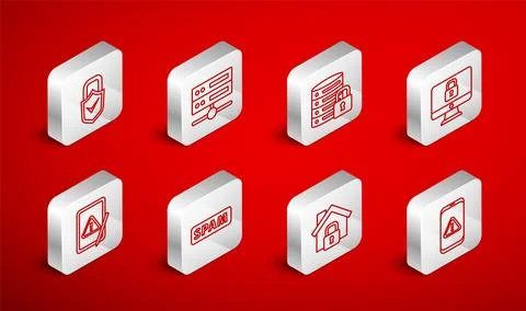 Set line Mobile with exclamation mark, Server, Data, Web Hosting, security .. Stock Illustration