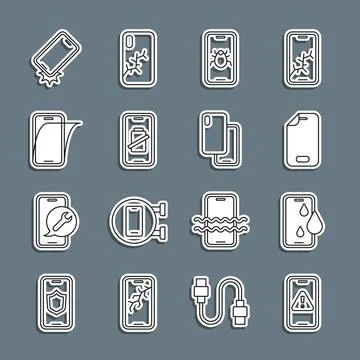Set line Mobile with exclamation mark, Waterproof phone, Glass screen prote.. イラスト素材