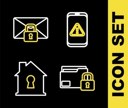 Set line Mobile with exclamation mark, Folder and lock, House under protect.. イラスト素材