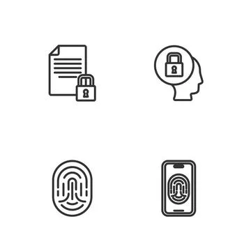 Set line Mobile with fingerprint scanner, Fingerprint, Document and lock and  Stock Illustration
