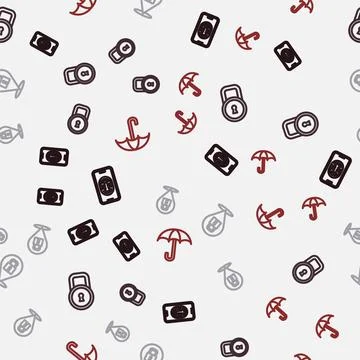 Set line Mobile with fingerprint scanner, Lock, and Umbrella on seamless pattern Stock Illustration