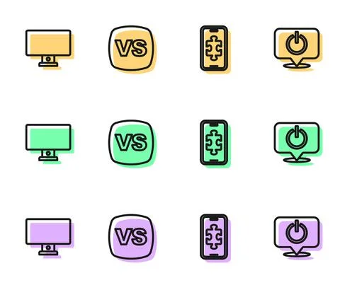 Set line Mobile gaming, Computer monitor, VS Versus battle and Power button icon Illustrazione stock