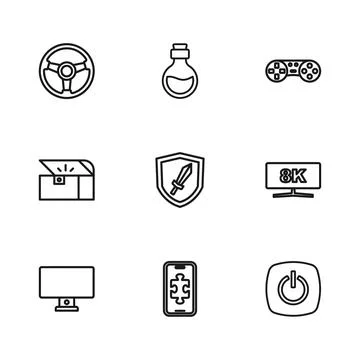 Set line Mobile gaming, Computer monitor, Power button, Sword for game, Gam.. Illustrazione stock