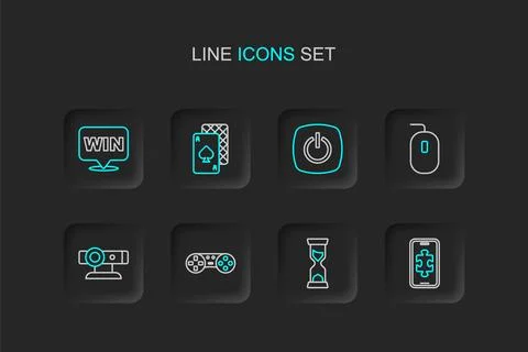 Set line Mobile gaming, Old hourglass, Game controller or joystick, Web cam.. Stock Illustration