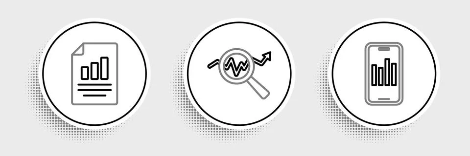 Set line Mobile with graph, Document chart and Search data analysis icon. Vector Stock Illustration