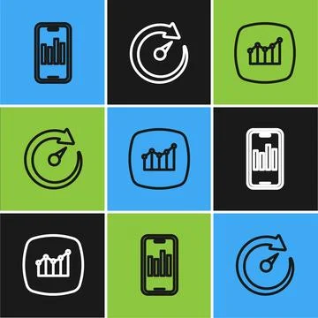 Set line Mobile with graph, Financial growth and Digital speed meter icon Illustrazione stock