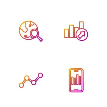 Set line Mobile with graph, Graph chart infographic, Search globe and Financial Stock Illustration